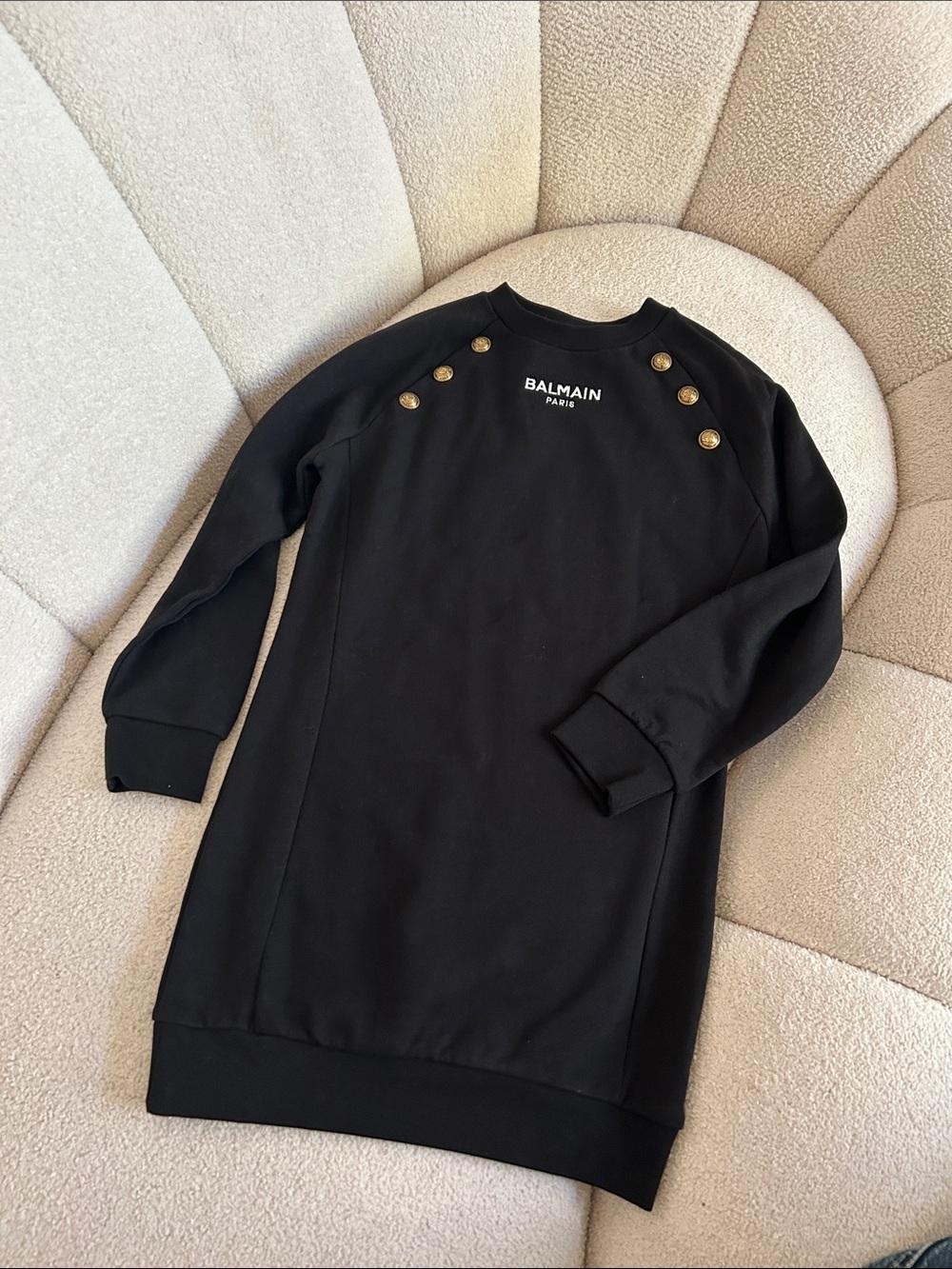 Balmain Black Logo Sweatshirt Dress with Gold Button Accents